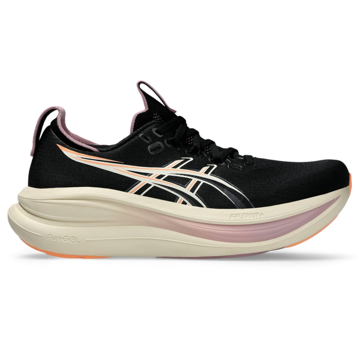 Black/Taro Purple — lateral externa do ASICS GEL-Nimbus 28 Feminino