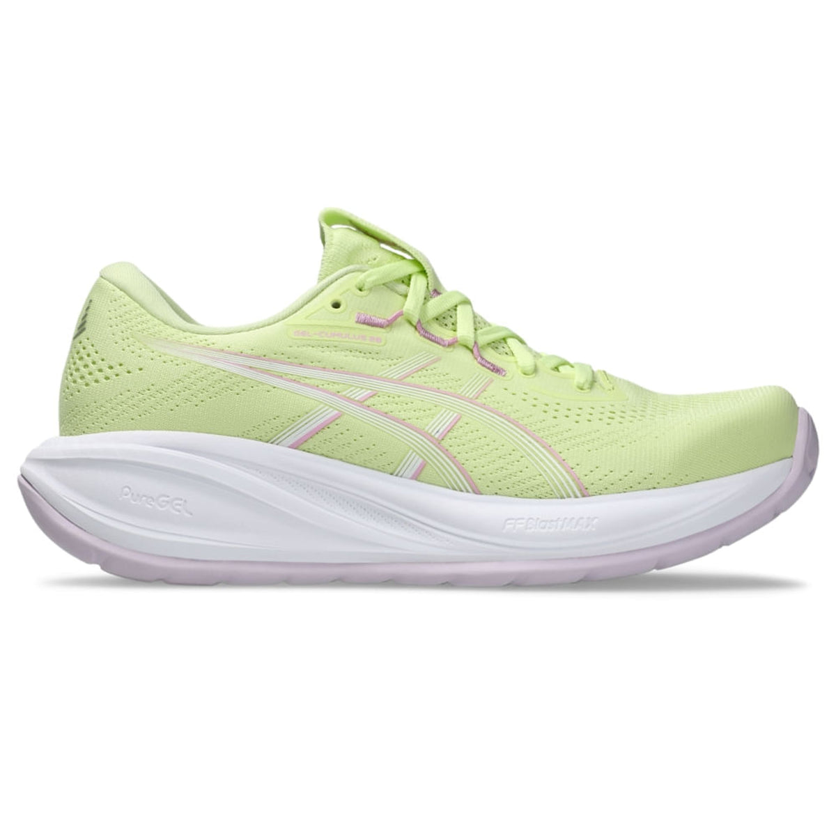 Glow Green/Hazy Lilac — lateral externa do ASICS GEL-Cumulus 28 Feminino