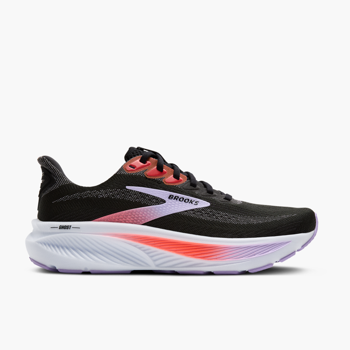 Black/Purple/Coral — lateral externa do Brooks Ghost 17 Feminino