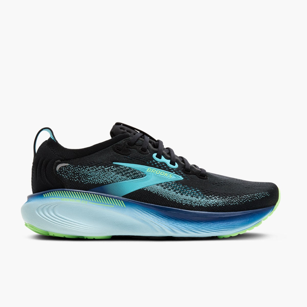 Black/Ipanema/Mint — lateral externa do Brooks Adrenaline GTS 25 Masculino