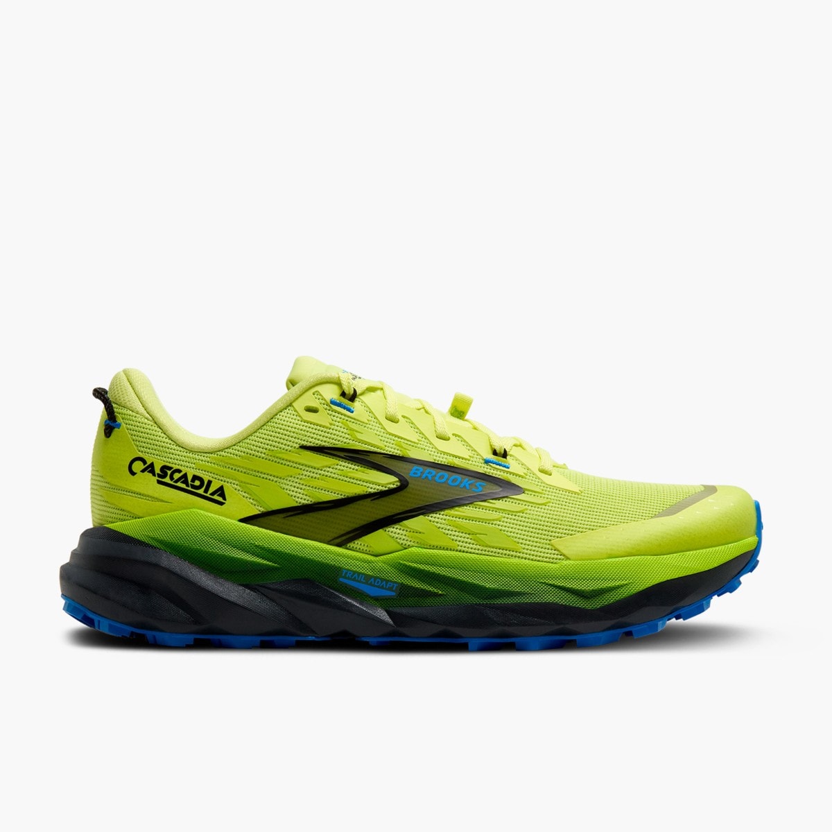 Sunny Lime/Black/Blue — lateral externa do Brooks Cascadia 19 Masculino
