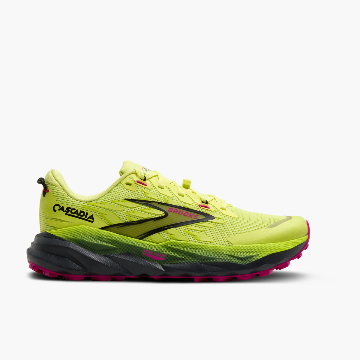 Sunny Lime/Black/Magenta — lateral externa do Brooks Cascadia 19 Feminino