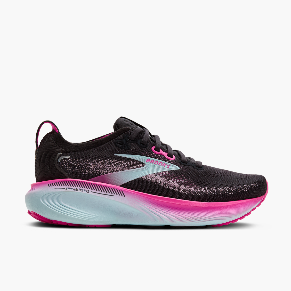 Black/Cyber Pink/Iced Aqua — lateral externa do Brooks Adrenaline GTS 25 Feminino